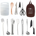 Portable picnic kitchenware storage bag containing 12 pieces of stainless steel cutlery and utensils.
