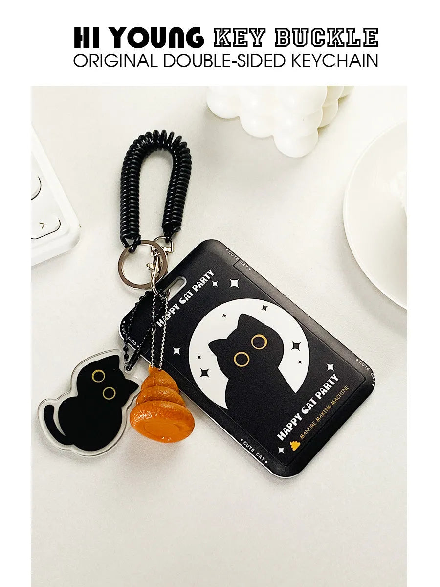 Cartoon little black cat design plastic card holder with ferrule pendant attachment for student ID and transport cards