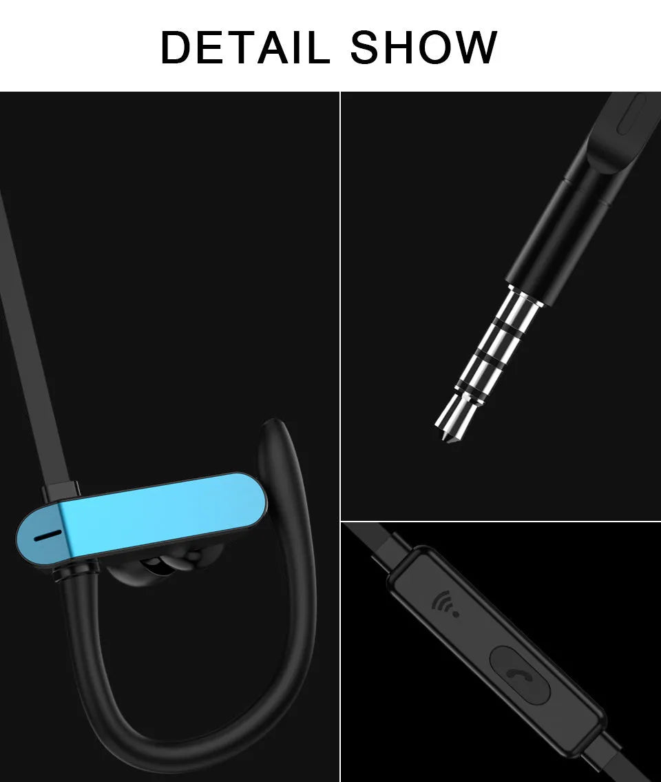 Sports earphones with ear hooks in black blue, black grey, white gold and white silver colours
