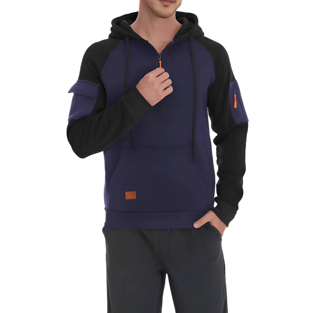 Men's pullover hoodie with front zipper in khaki showing hood and long sleeves