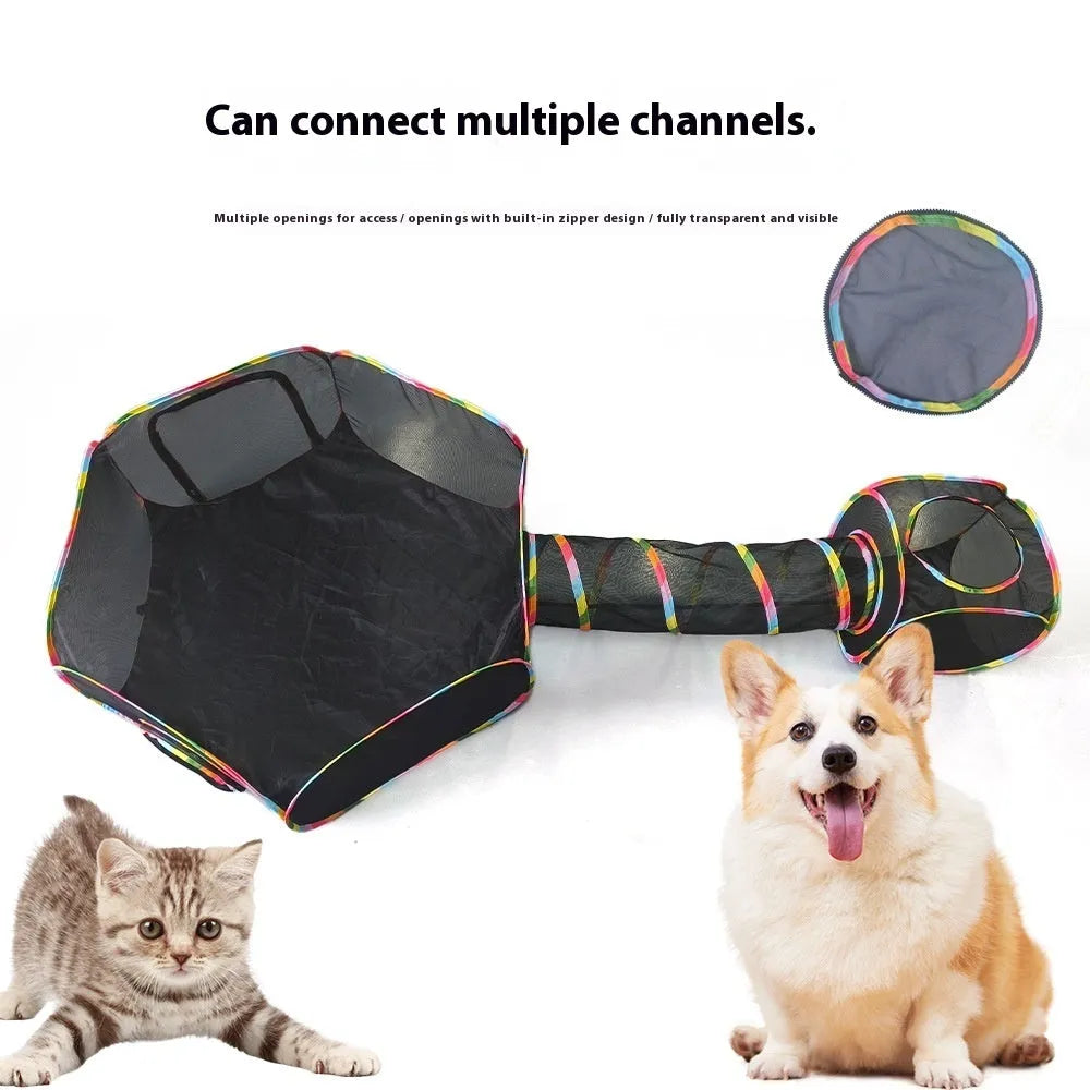 Foldable mesh cat cage in five shape options: hexagonal, long straight, tent, tee, and square configurations
