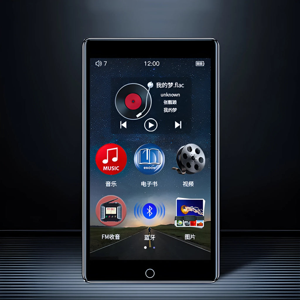 Ruizu H1 black MP3 MP4 player with 4 inch touch screen showing media playback interface