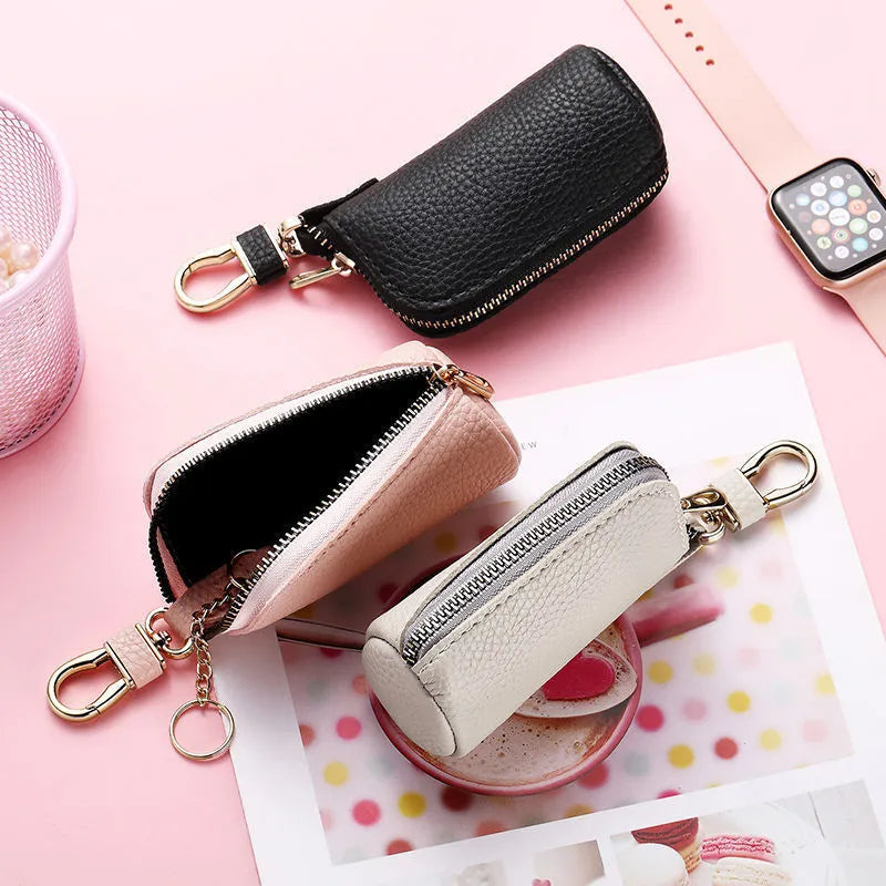 Minimalist black PU leather zipper key case for men with waterproof properties