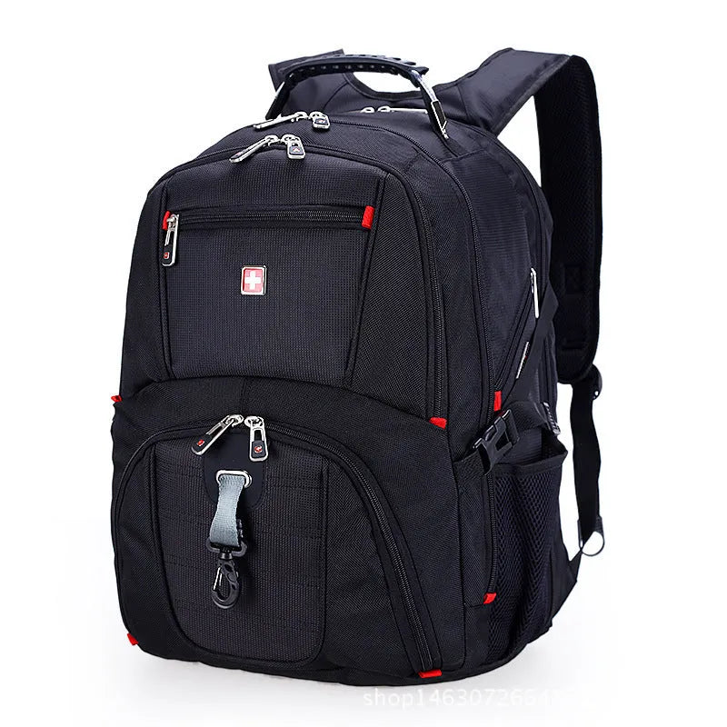 Large capacity black Oxford cloth computer backpack with multiple pockets and zipper closure
