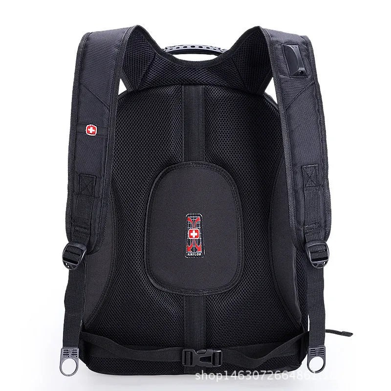 Large capacity black Oxford cloth computer backpack with multiple pockets and zipper closure