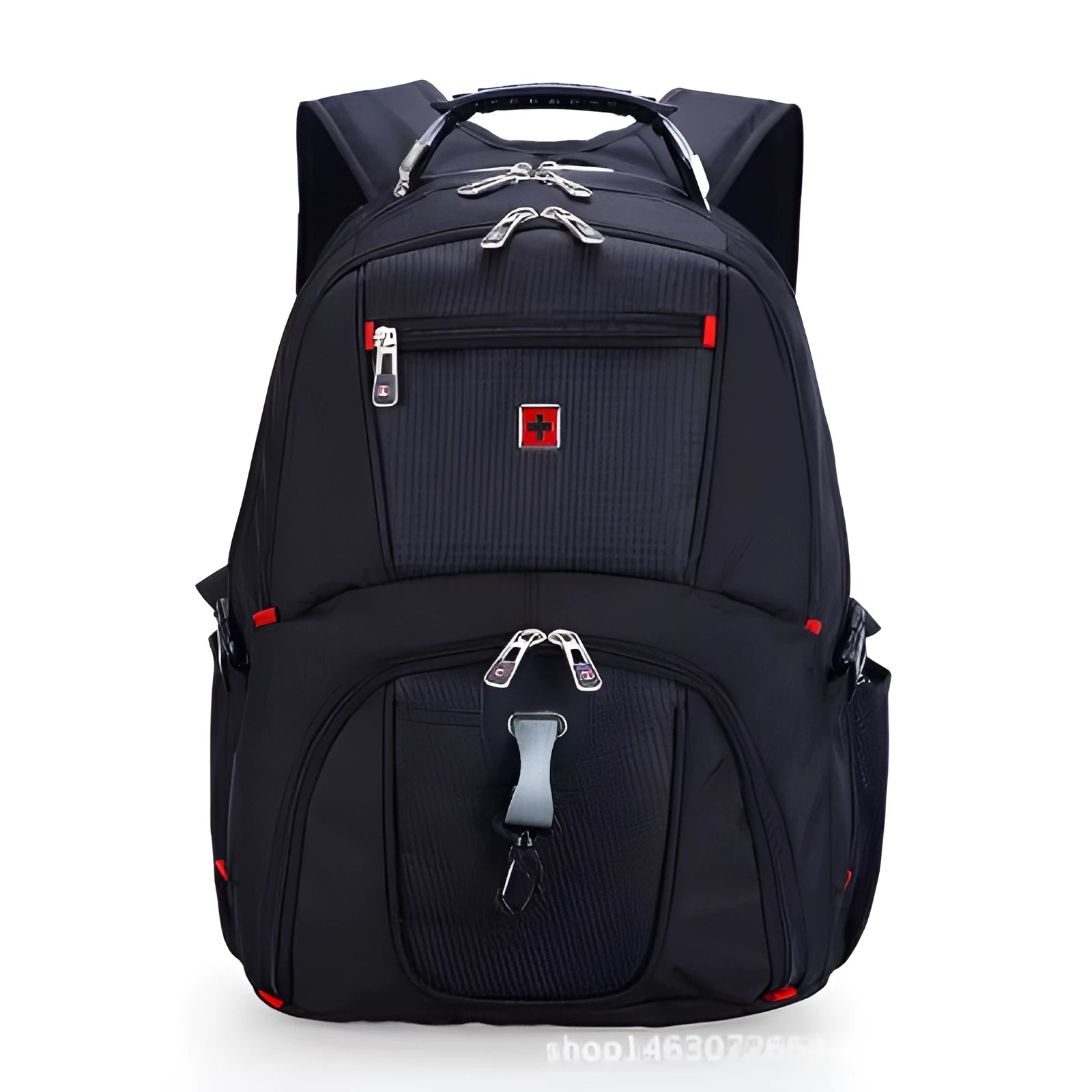Large capacity black Oxford cloth computer backpack with multiple pockets and zipper closure