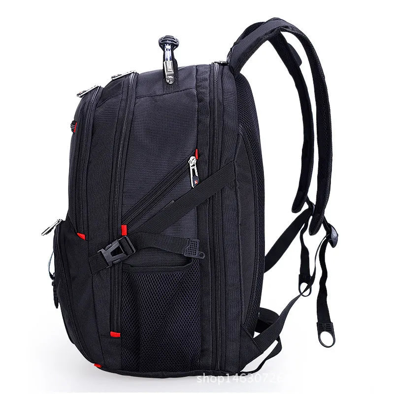 Large capacity black Oxford cloth computer backpack with multiple pockets and zipper closure