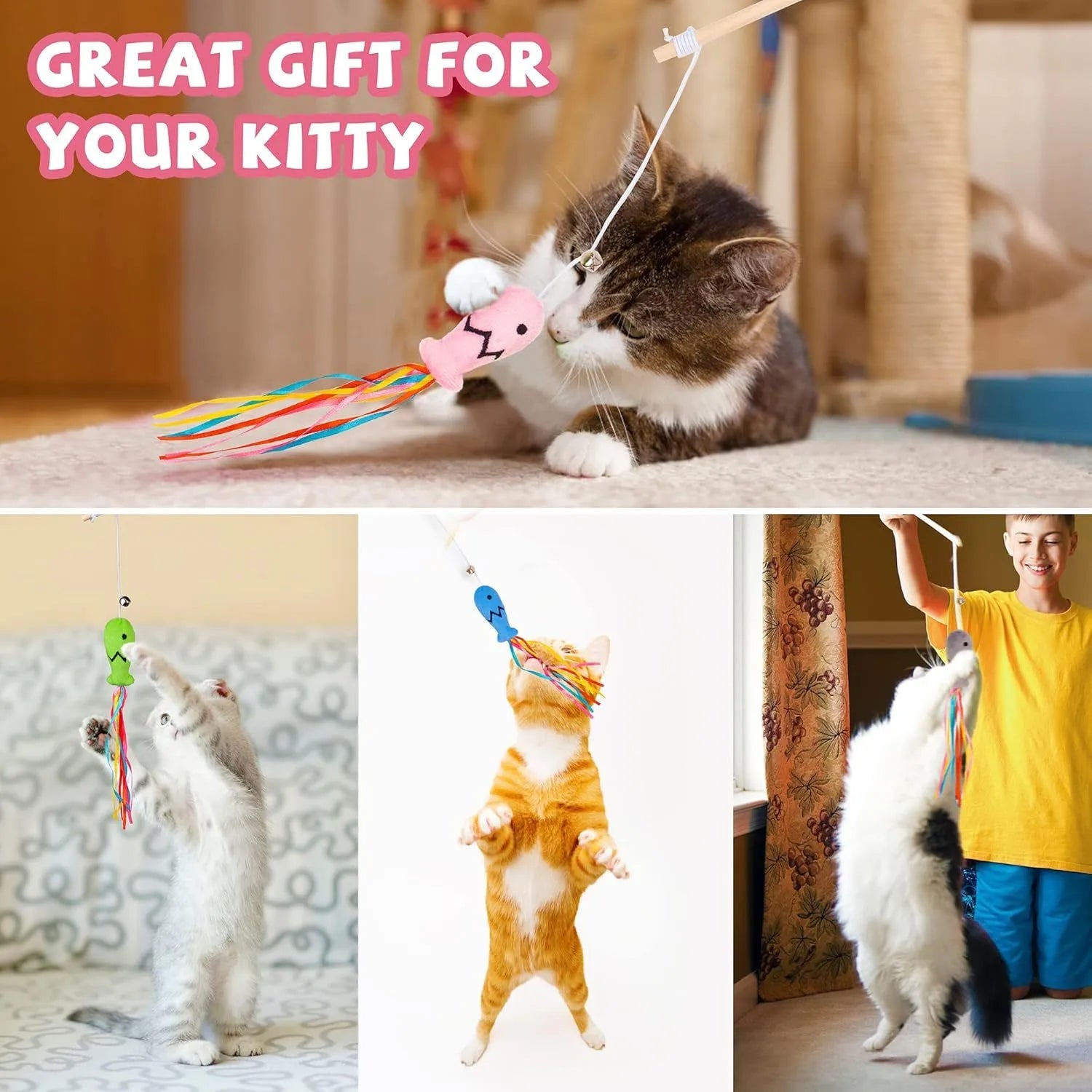 Cat wand toy with colourful ribbons, catnip fish, bell, and wooden handle for interactive play