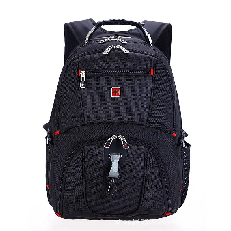 Large capacity black Oxford cloth computer backpack with multiple pockets and zipper closure