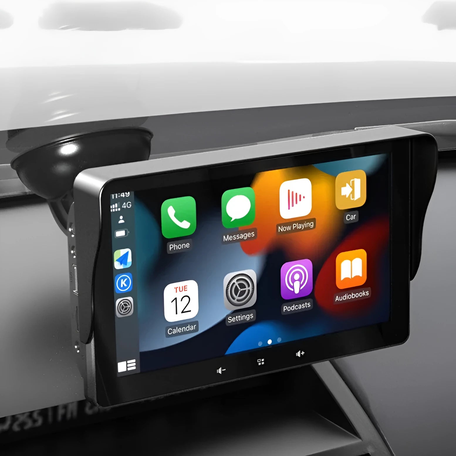 7-inch wireless CarPlay display with cigarette lighter cable and suction cup mount for car dashboard installation