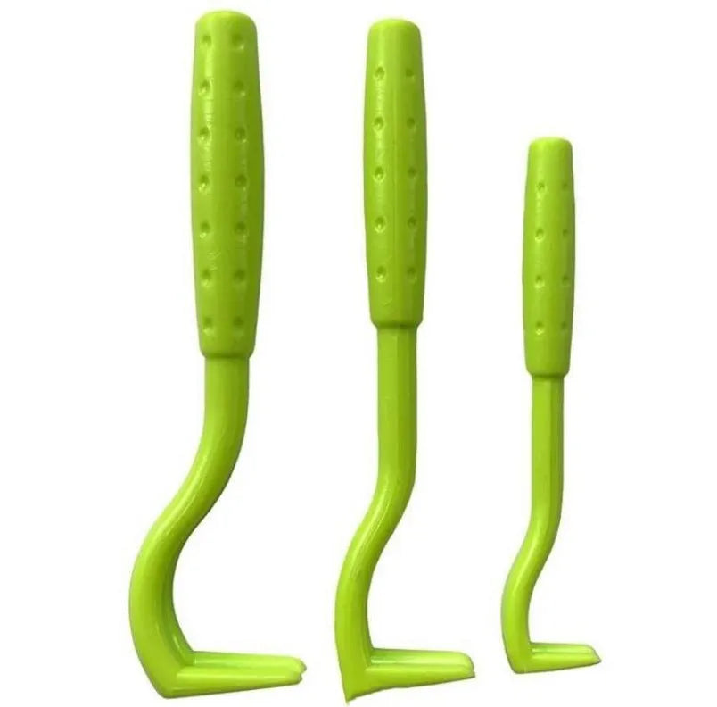 Set of three blue plastic pet tick removal hook tools on a white background.