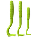 Set of three blue plastic pet tick removal hook tools on a white background.