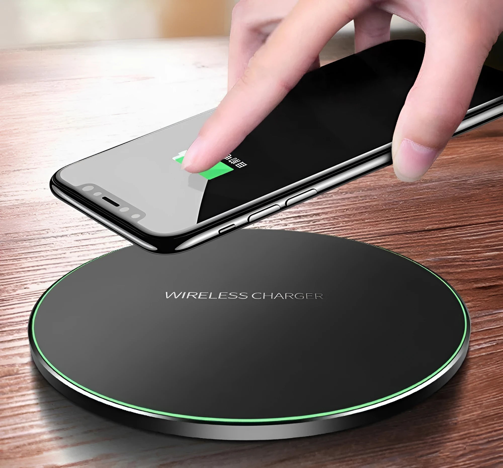 Ultra-thin black wireless fast charging pad with 9V support and 98mm square dimensions