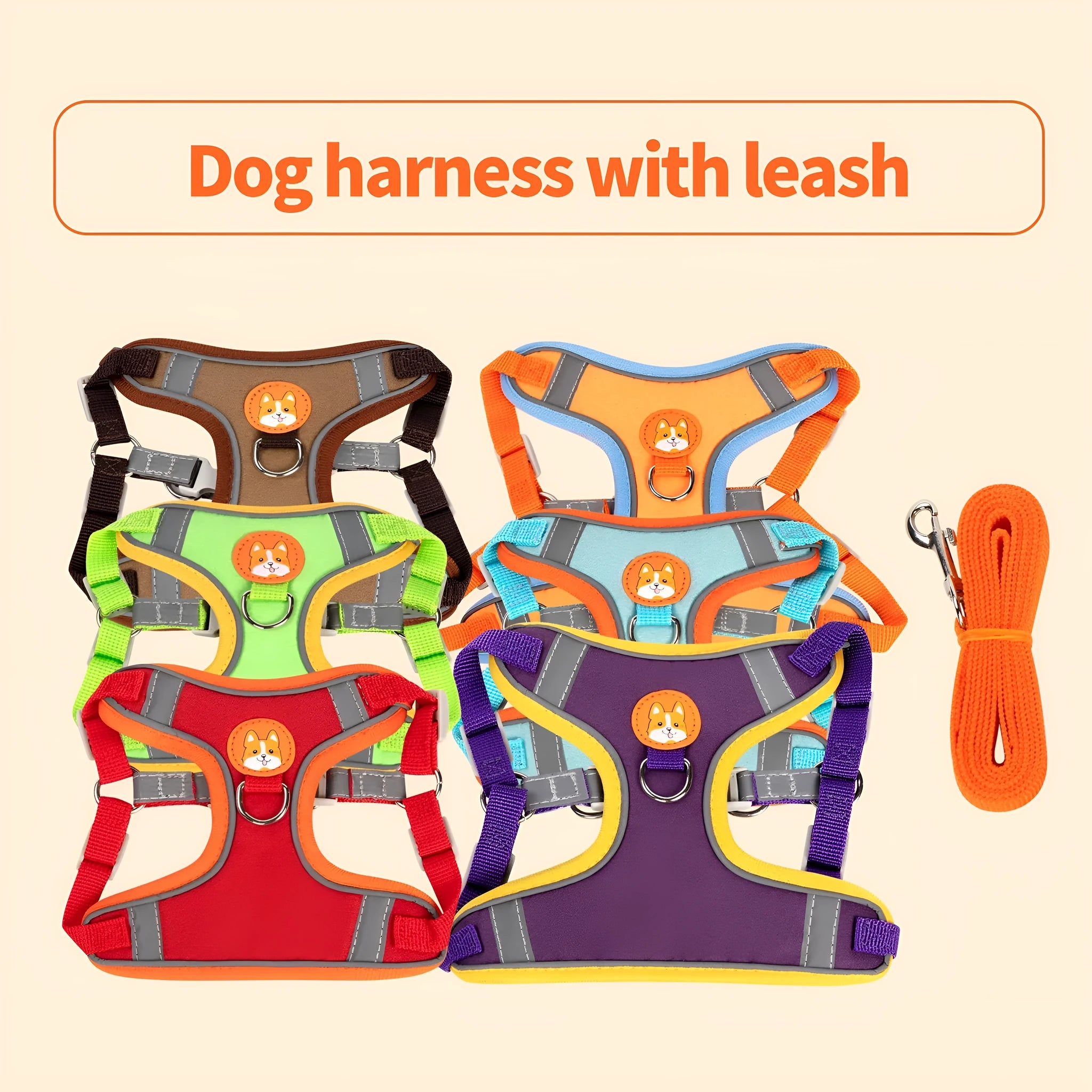 Adjustable dog haulage harness and rope set in multiple colours with chest strap