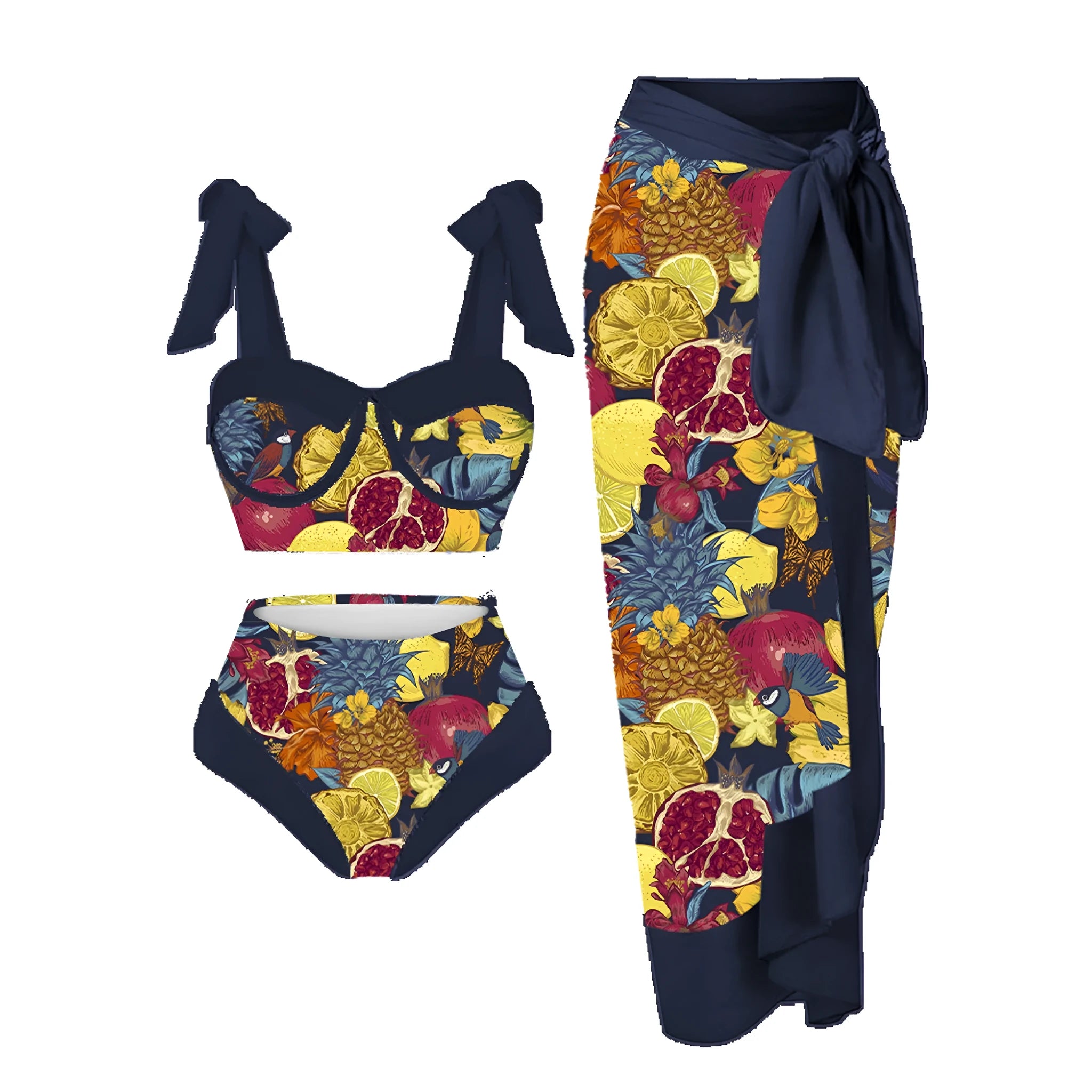 Women's printed three-piece swimsuit set showing bra top, skirt bottom and panties in floral pattern