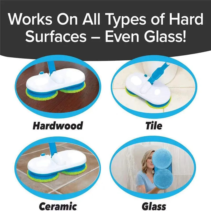Handheld wireless electric floor cleaning mop with USB charging port and assorted cleaning pads.