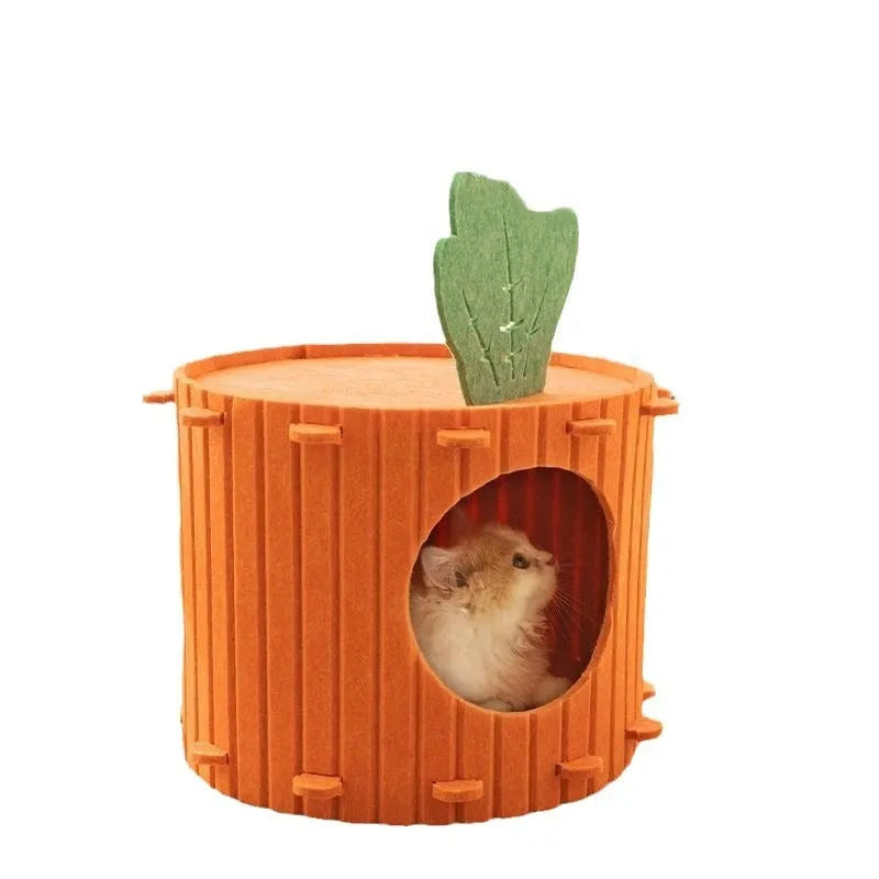 Carrot-shaped grey felt cat tunnel bed with one entrance hole, shown in medium and large sizes.