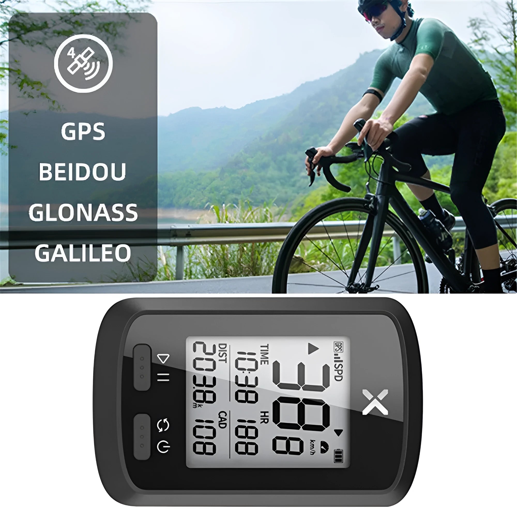 Black waterproof bicycle stopwatch with digital display mounted on bike handlebars.