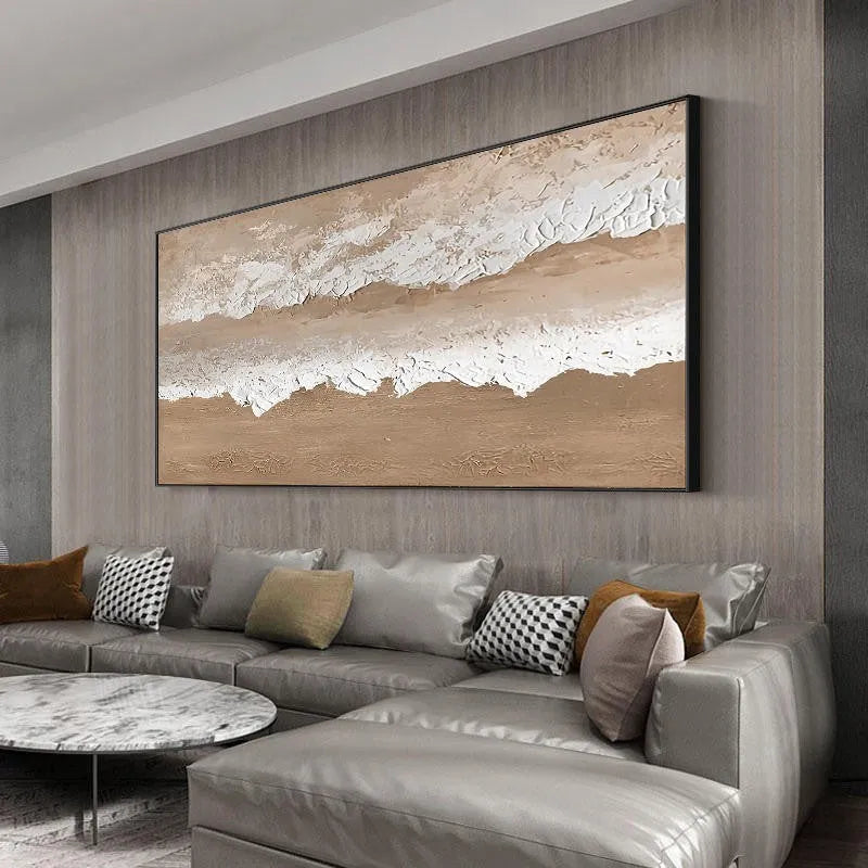 Handmade abstract beach landscape oil painting on canvas with brown texture for wall decoration