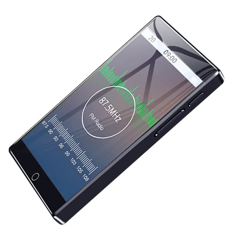 Ruizu H1 black MP3 MP4 player with 4 inch touch screen showing media playback interface