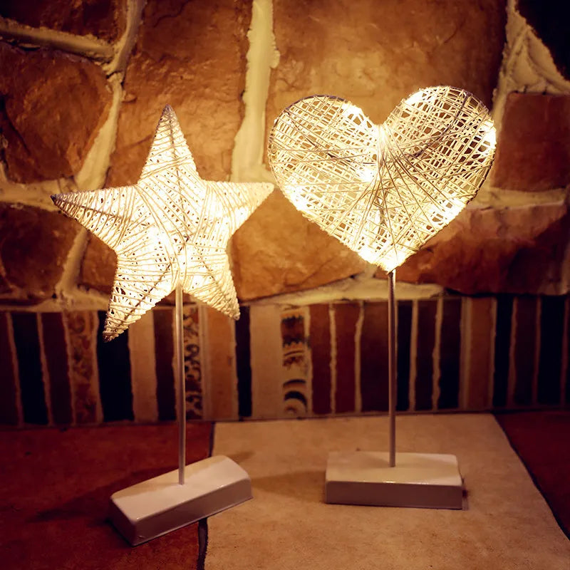 Rattan LED table lamp in star, heart, or moon shape with copper wire framework for bedroom decoration