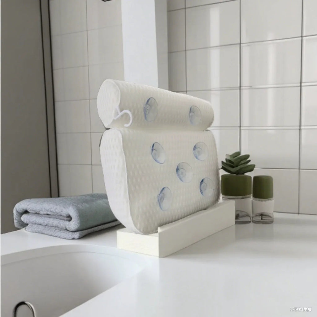 White bathtub pillow with suction cups on a 3D permeable surface, showing dimensions 37x34x10cm