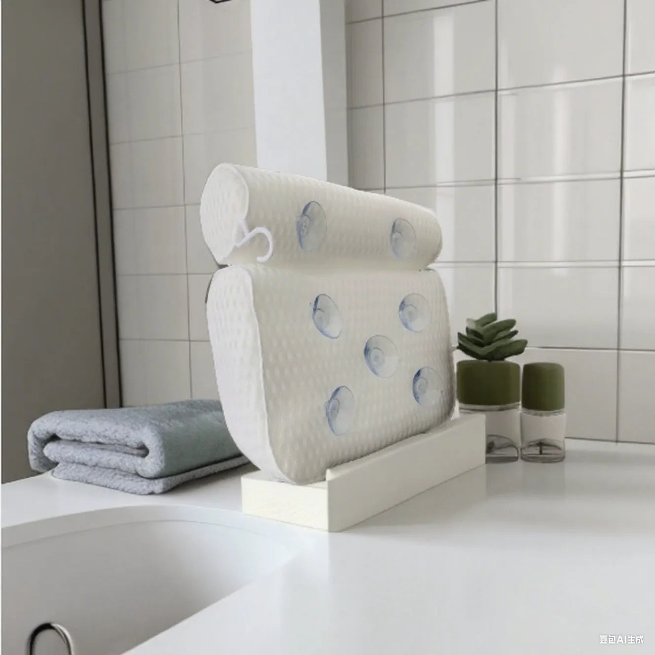 White bathtub pillow with suction cups on a 3D permeable surface, showing dimensions 37x34x10cm