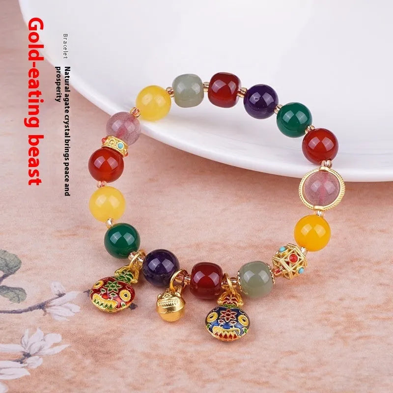 Hand-woven agate bracelet with swallowing gold beast 10mm beads
