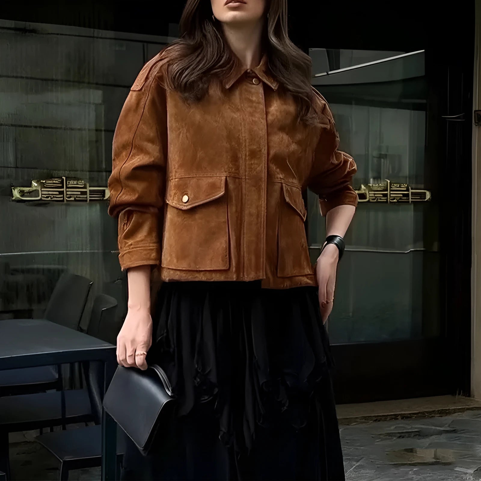 Women's brown polyester suede coat with regular sleeves street chic style