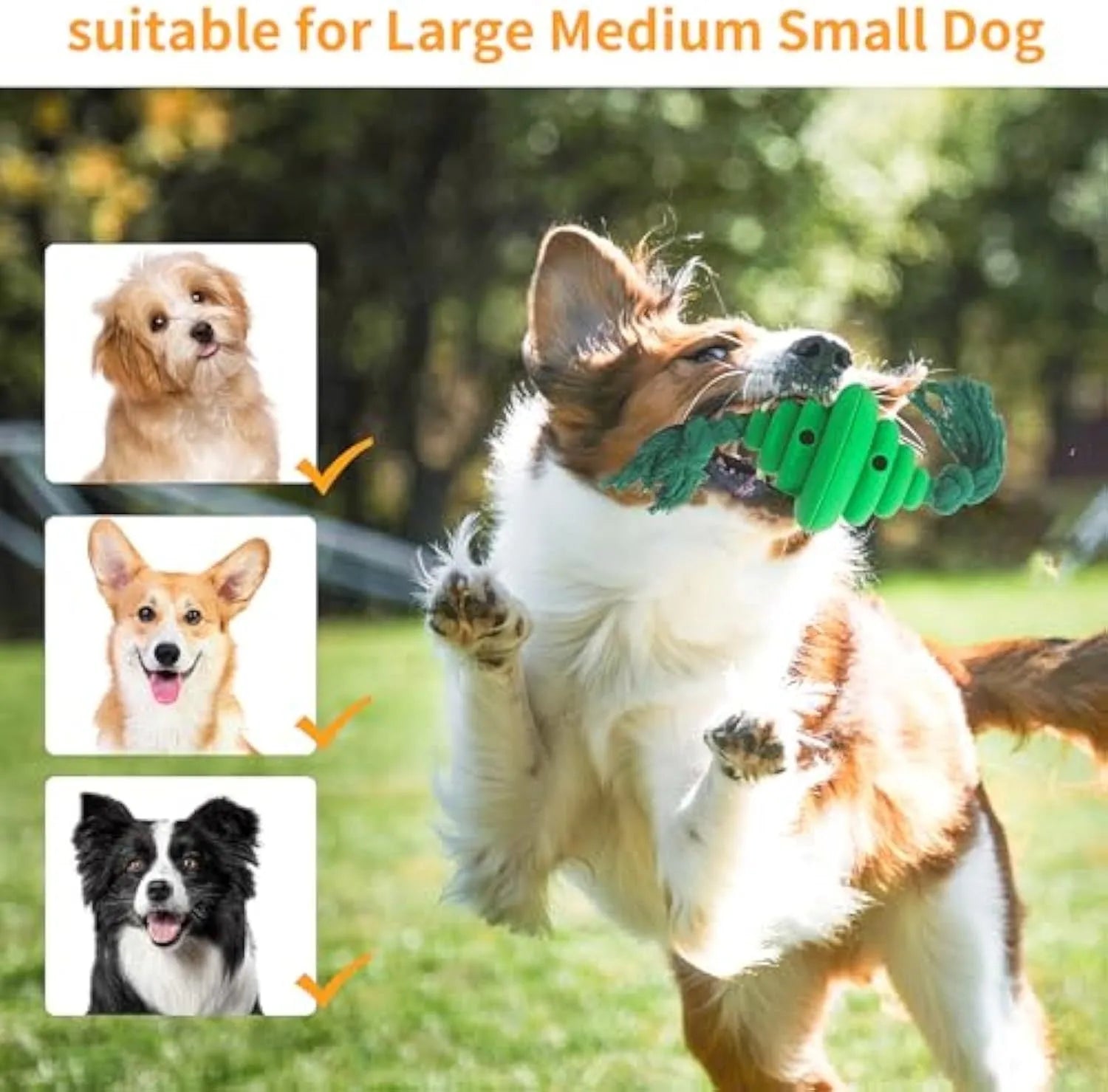 Green and yellow silicone dog ball with attached rope for tug-of-war and treat dispensing.