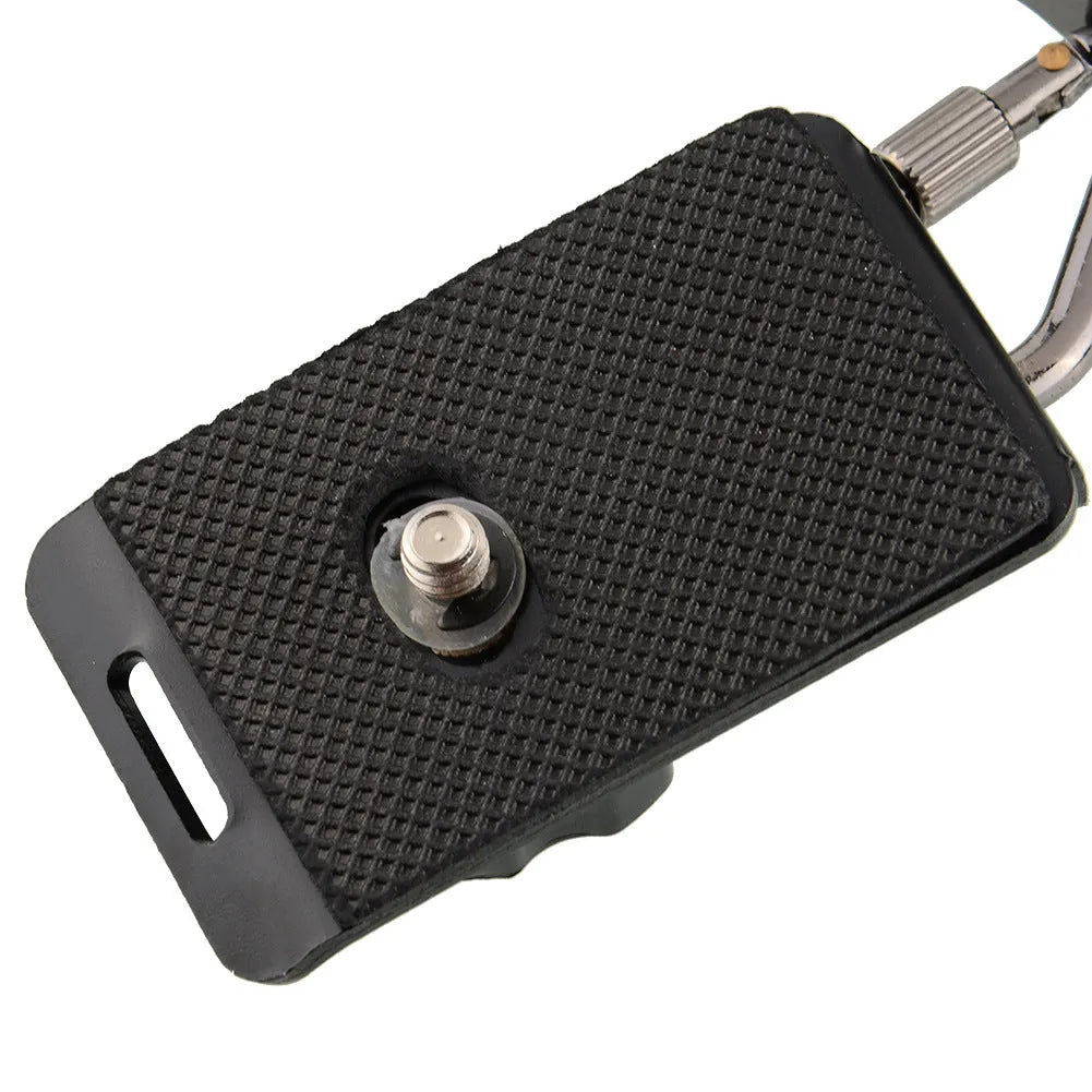 Black professional dual SLR camera shoulder strap with thick padding and metal hardware.