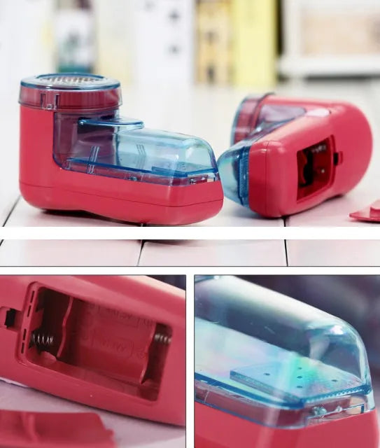 Compact blue portable electric lint remover for clothing on a grey sweater.