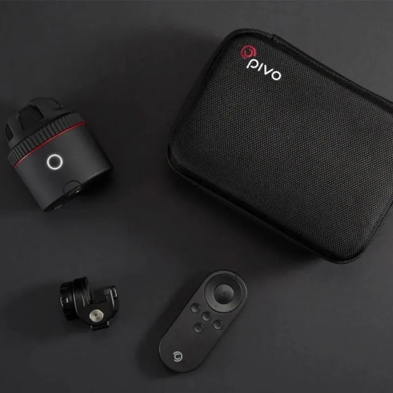 Matte black PIVO automated face tracking and rotating mount holding a smartphone