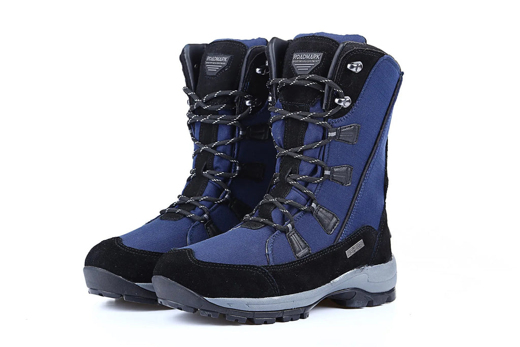 Women's mid-calf thermal snow boot in black with a round toe, genuine leather upper, and rubber sole.