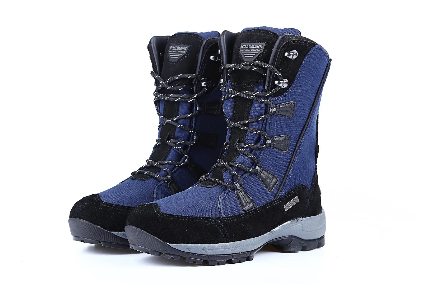 Women's mid-calf thermal snow boot in black with a round toe, genuine leather upper, and rubber sole.