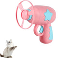 Blue interactive cat toy gun with plastic frisbee on launch mechanism for indoor feline play