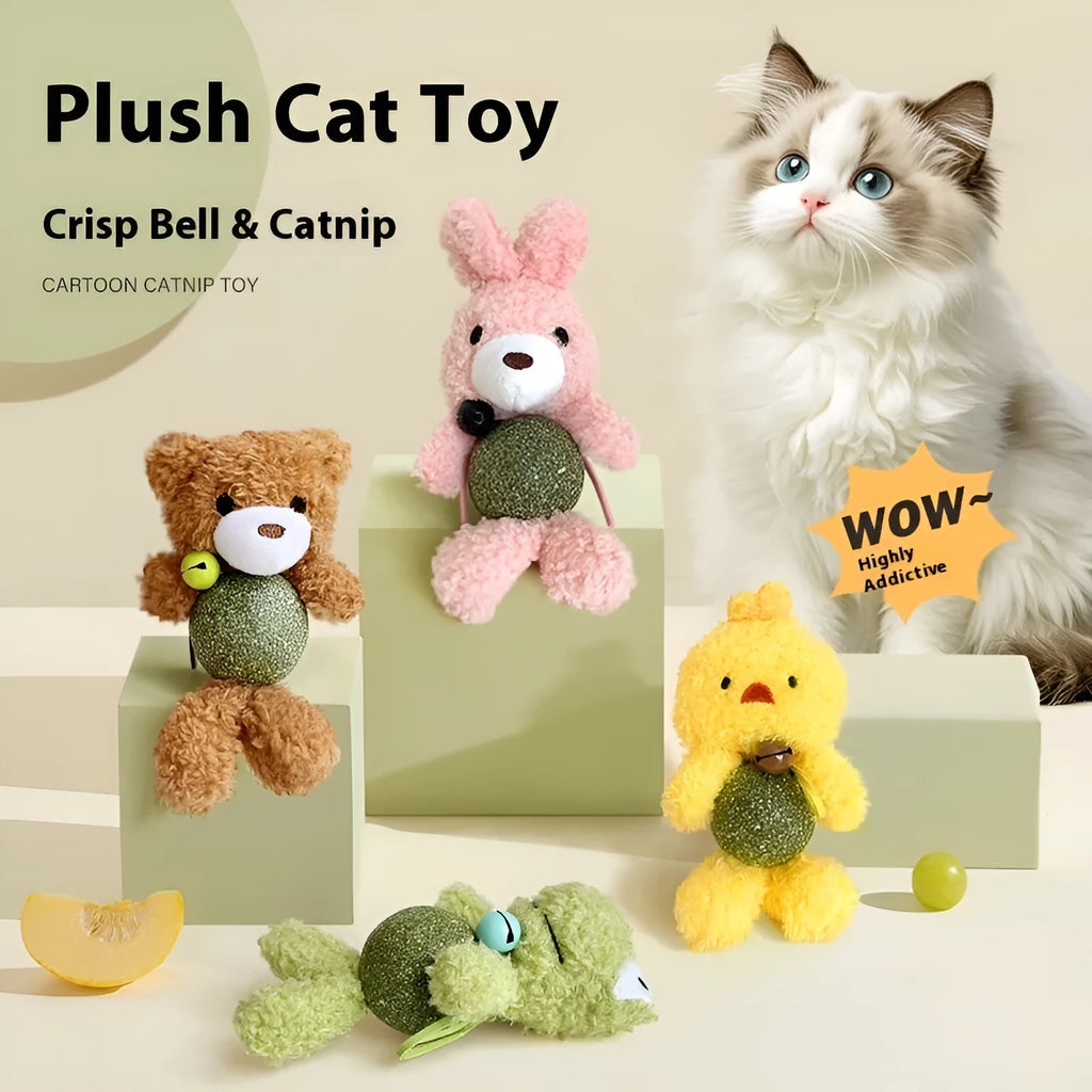 Brown bear design catnip plush toy with bell and mint ball for cats, showing 15cm height