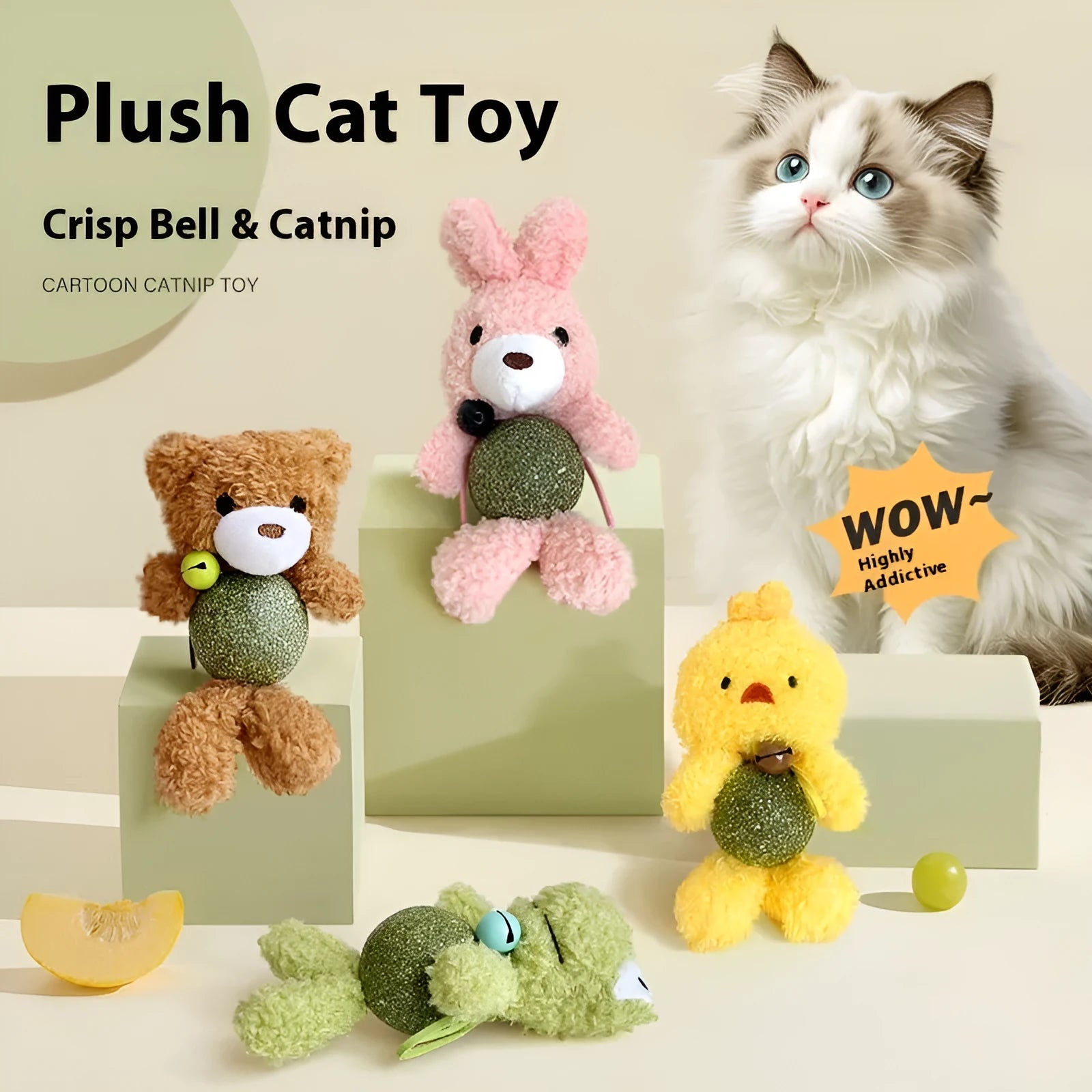 Brown bear design catnip plush toy with bell and mint ball for cats, showing 15cm height