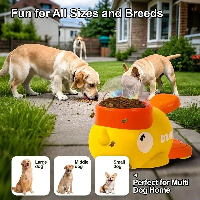 Yellow plastic dog puzzle feeder with cartoon duck design, battery-free interactive treat dispenser