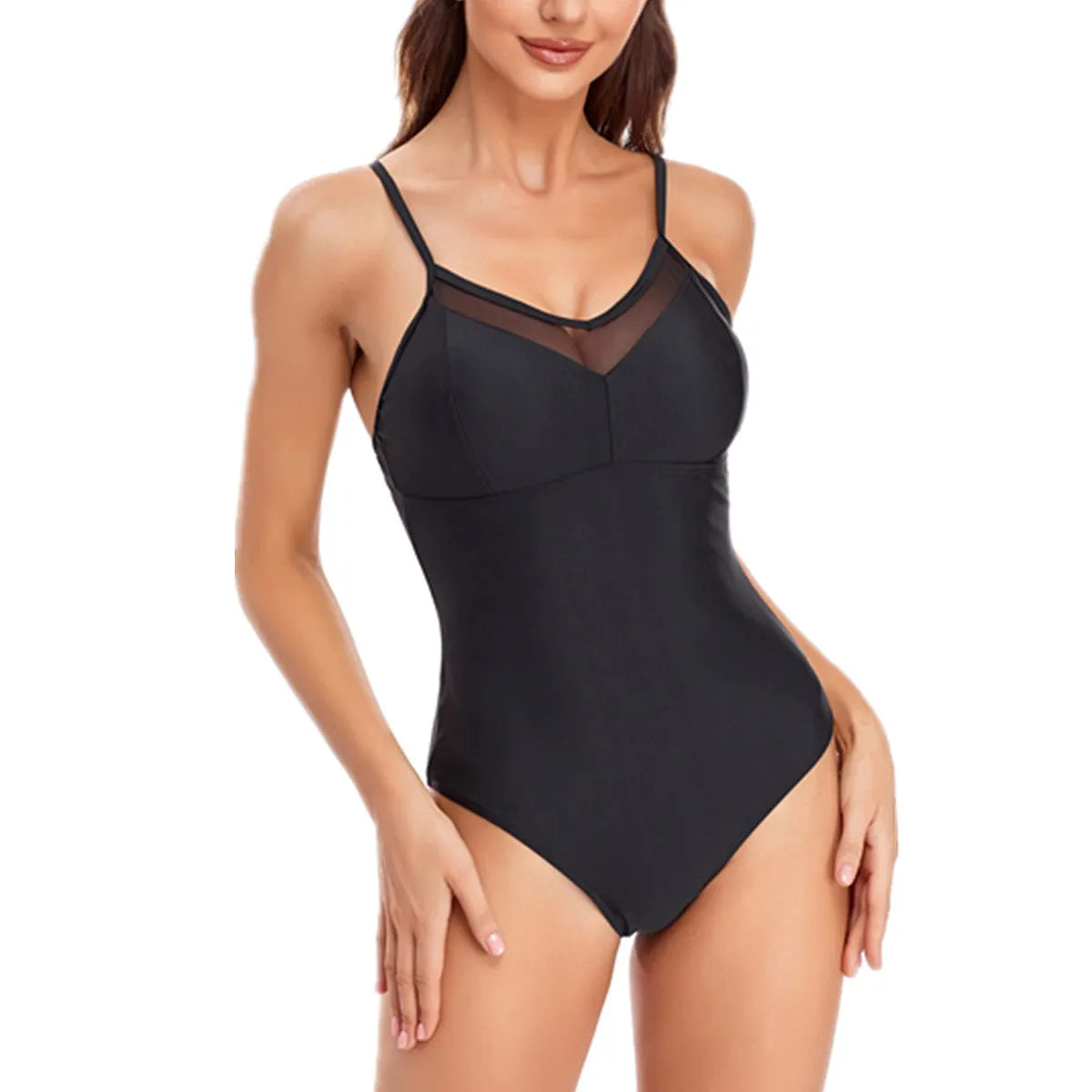 Ladies' solid colour backless one-piece swimsuit in black or blue, made from high-elasticity spandex.
