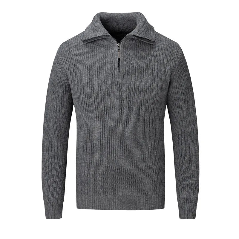 Men's solid colour slim fit pullover sweater in a wool blend fabric on a grey background.
