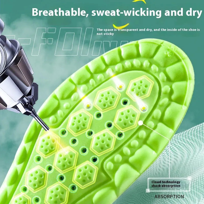 Green PU sports insoles with air cushion and argwormwood, shown with size scale.