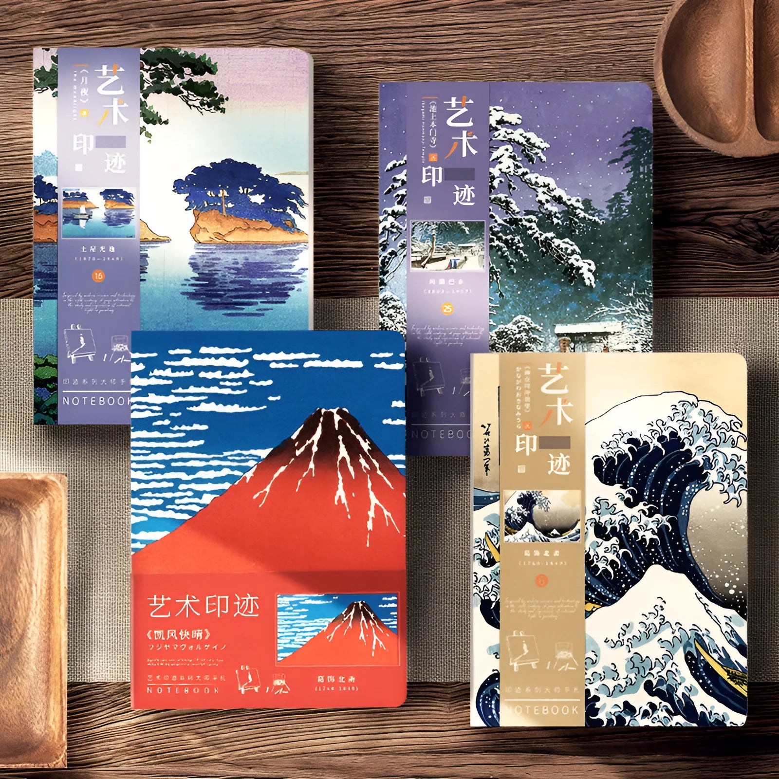 Ukiyo-e series hand ledger notebook showing retro Japanese art cover, open to reveal Daolin paper pages