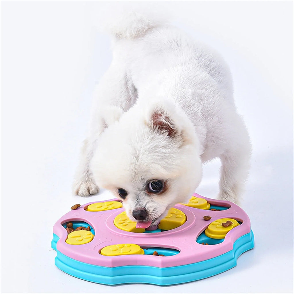Blue dog puzzle toy bowl with food searching compartments for interactive feeding game