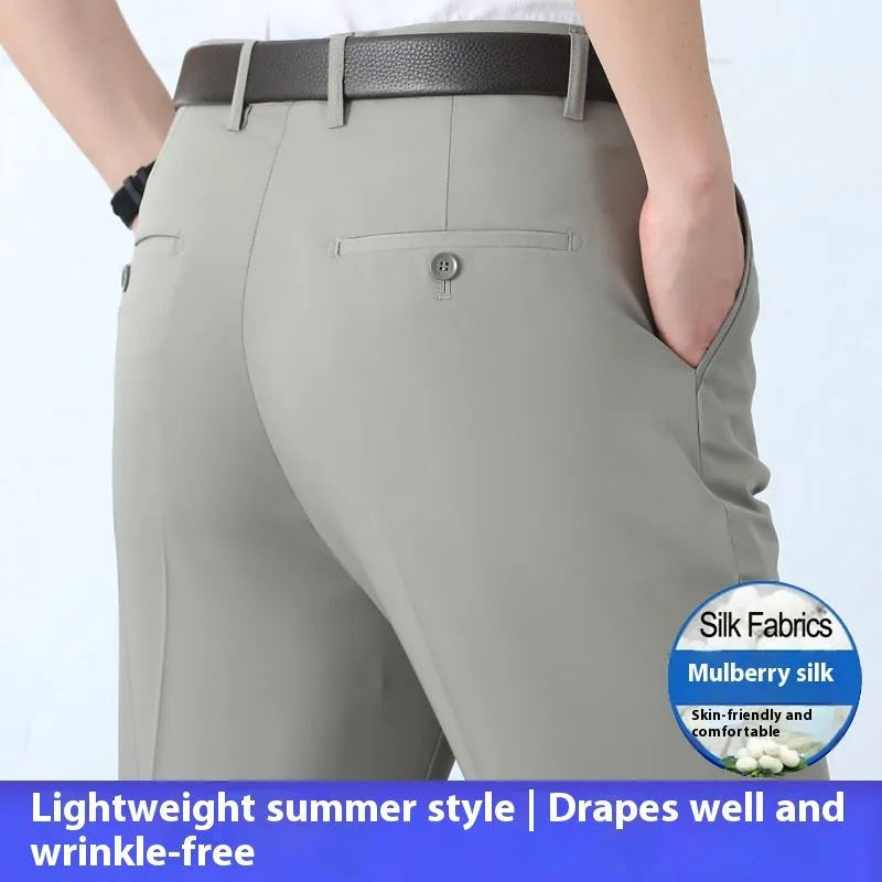 Men's straight leg business trousers in mulberry silk blend fabric with high waist design