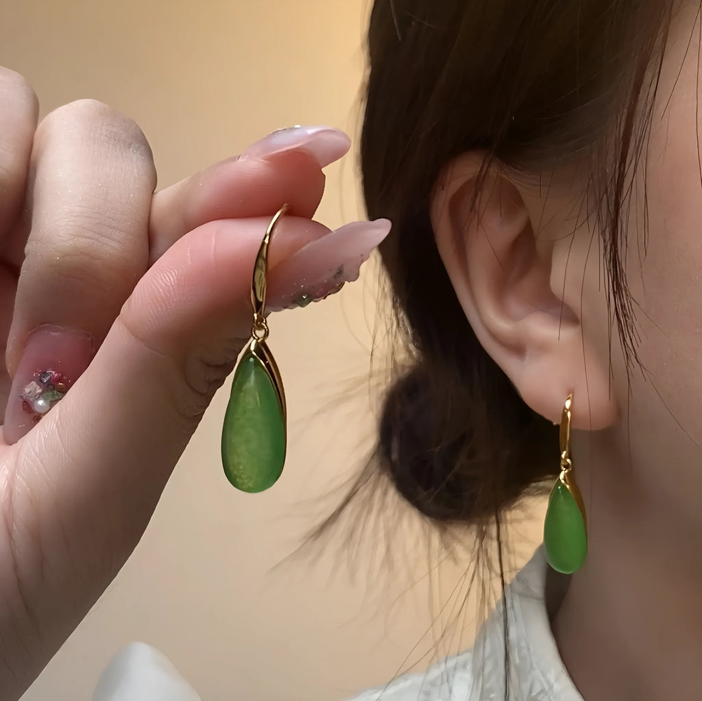 Chinese-style geometric earrings with copper construction and electroplated jade finish