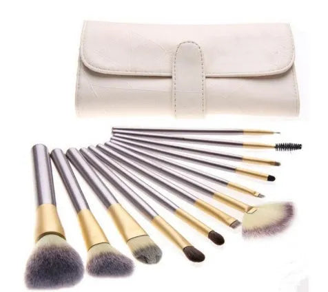 Persian make-up brush set with white bristles and champagne handles in professional case