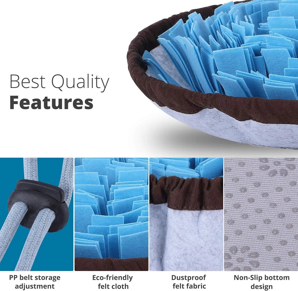 Large blue adjustable dog snuffle mat with fleece strips for slow feeding and enrichment