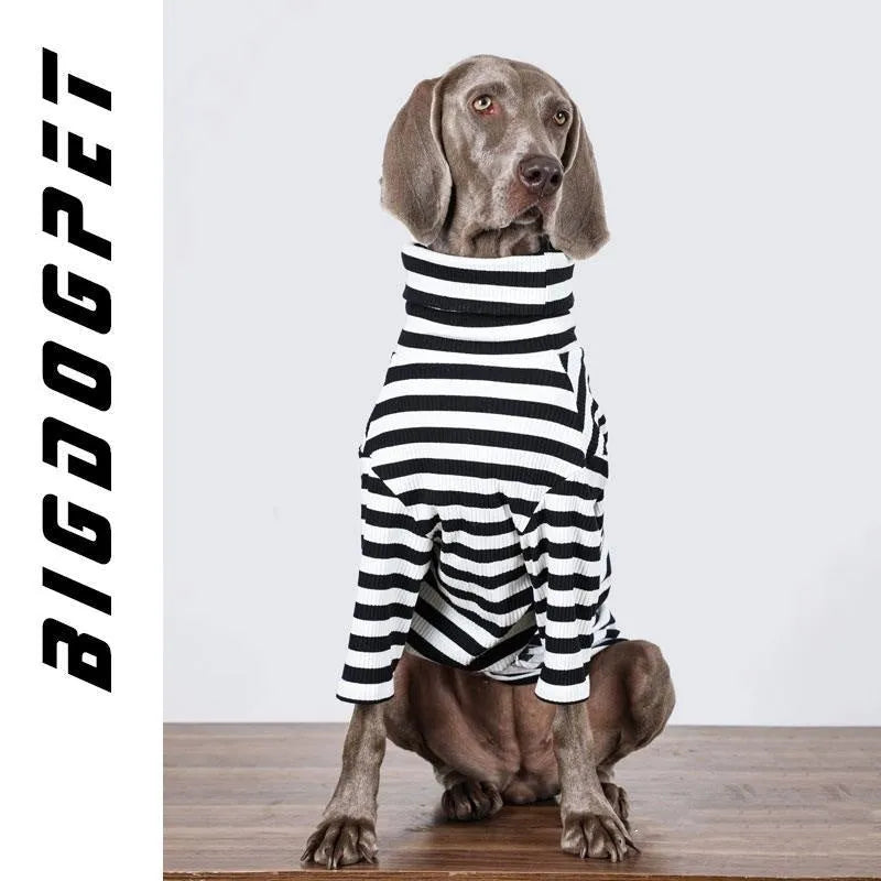 Black and white thin polyester dog jacket for large breeds on a size chart showing M to XXXL.