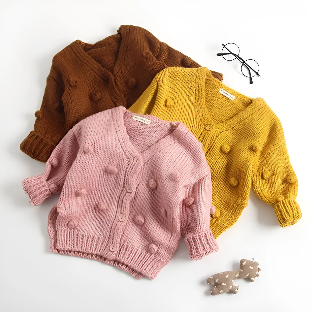 baby girl sweater in pink, brown, or yellow knit, sizes 73 to 100 cm